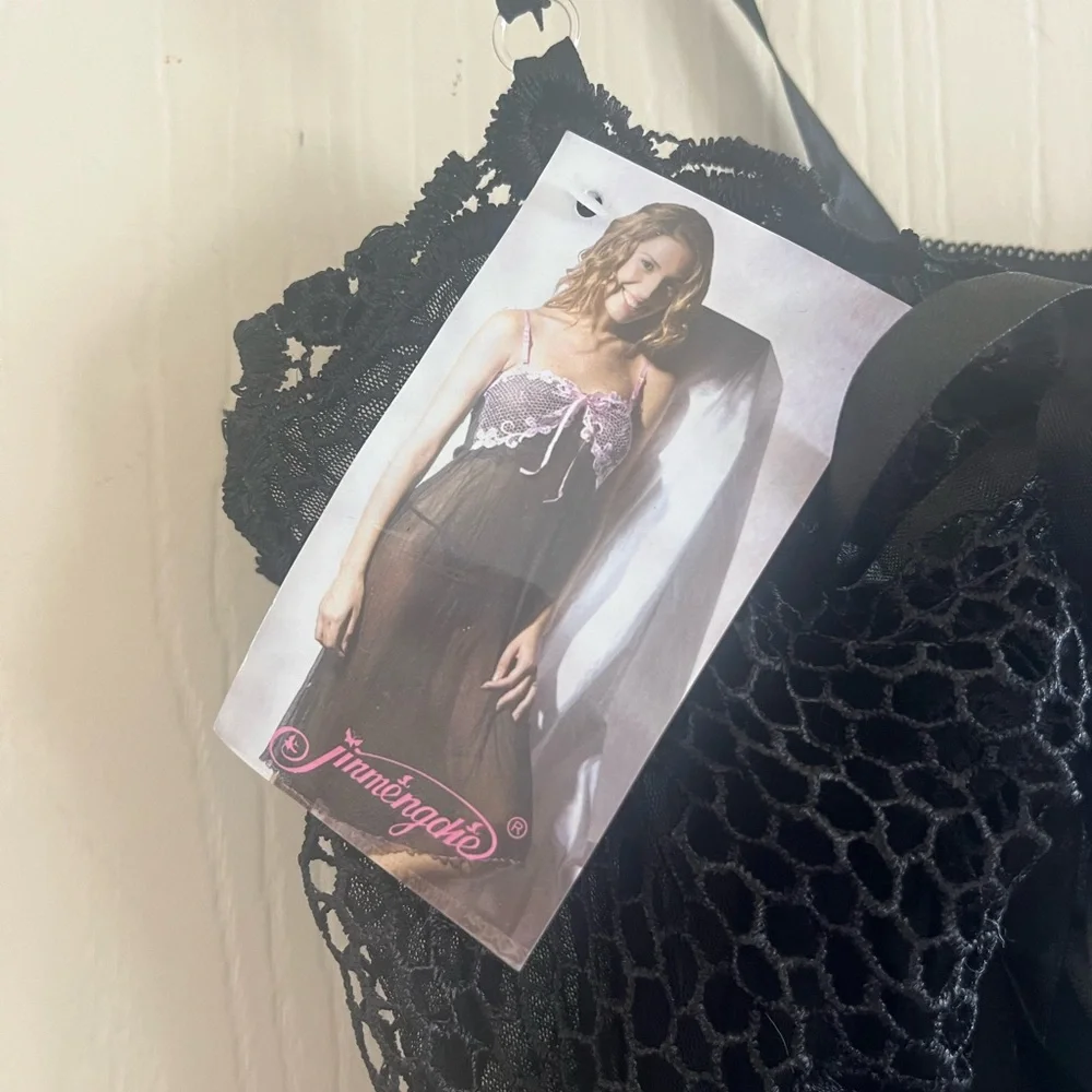 VTG Y2K Black Babydoll Lace WhimsyGoth Coquette Romantic Slip Chemise Dress - Picture 3 of 6